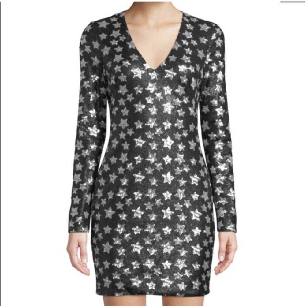 Black Halo Dress 6 Black Silver Sequin Star Long Sleeve V-Neck Mini Party